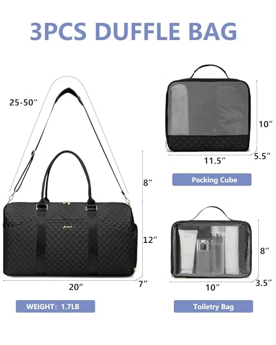 Image of Women Weekender Travel Duffle Bag: Travel Duffel Overnight Bags with Shoe Compartment Large Carry on Tote with 2 Toiletry Bags Weekend Traveling Yoga Gym Hospital Bag for Womens with Wet Pocket Black