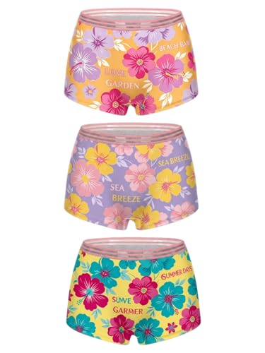 Morvia 3 Pack Women's Floral Print Boyshort Underwear, Summer Tropical Hibiscus Soft Stretch Panties with Cotton Crotch, No Ride Up Anti-Chafing Briefs for Daily Wear S-XXL