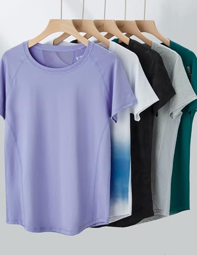 Image of 5 Pack Women's Quick Dry Short Sleeve T Shirts, Athletic Workout Tee Tops for Gym Yoga Running