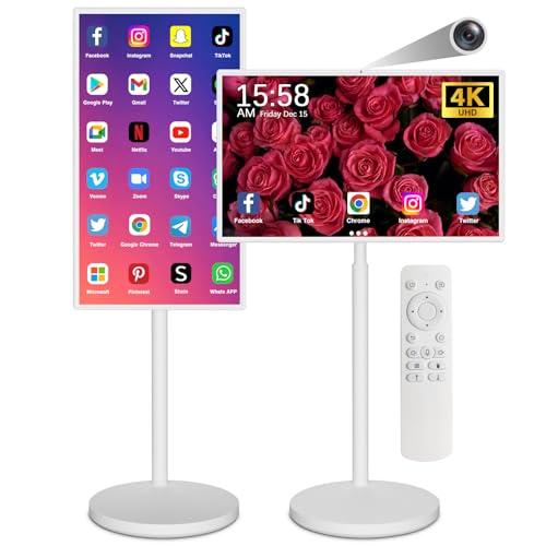 ZONNBOS 32In Wireless Smart Portable TV on Wheels 4K Smart Touchscreen,Mobile TV Tablet,Android 13,(5-8-Hour) Battery,4K Camera,Full Swivel Rotation,(8RAM+128GB) (White, 32 inches)