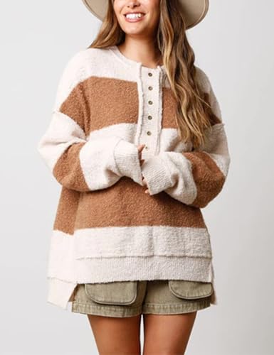 Womens Oversized Striped Sweater Long Sleeve Color Block Half Buttoned Collar Knit Pullover Tops2