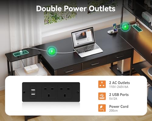 Coleshome L Shaped Corner Desk with Drawers, Reversible Home Office Computer Desk with Storages & Shelves, Gaming Table with LED Lights & Power Outlets Black, 180 × 100 cm