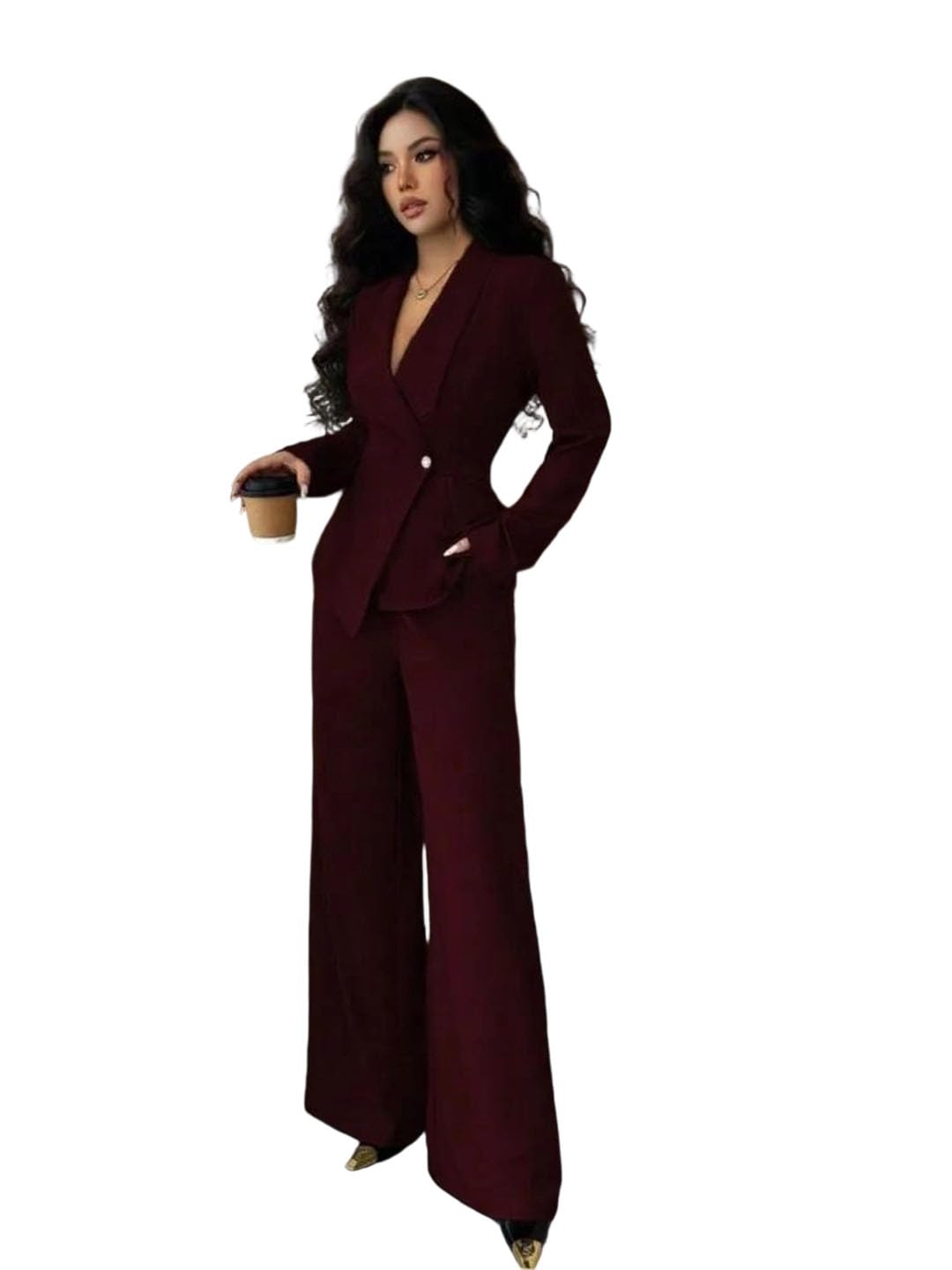 Women Elegant Office Blazer Two Pieces Set Winter Solid Long Sleeve Slim Blazer Wide Leg Pants Work Wear