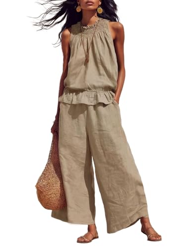 Conjunto de lino de 2 piezas para mujer ropa de verano transpirable con pantalón holgado