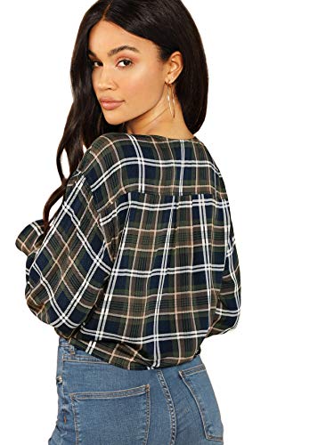 WDIRARA Women's Plaid Deep V Neck Long Sleeve Tie Front Crop Top Kimono Blouse Multicolor M