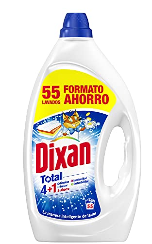 Dixan Gel Total 4+1, Detergente Líquido para Lavadora 55 Lavados, jabón líquido para lavar la ropa blanca y clara, limpieza, luminosidad, frescor y sostenibilidad