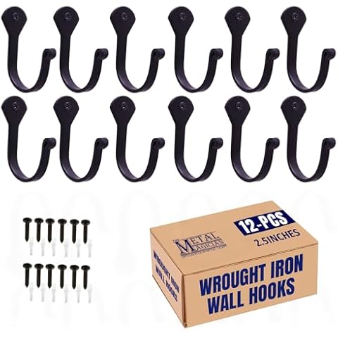 The Metal Magician Single Prong Wrought Iron Hooks, Vintage Hand Forged Iron Classic Hook Set – Rustic Curved Metal Fasteners – Decorative Colonial Wall Décor (Set of 12 Nail Hook 2.5") Cover