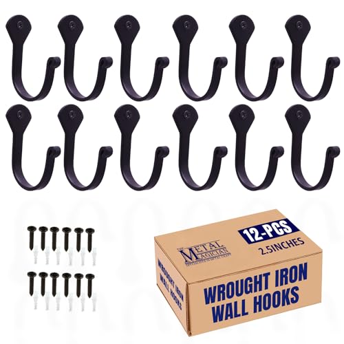 The Metal Magician Single Prong Wrought Iron Hooks, Vintage Hand Forged Iron Classic Hook Set Rustic Curved Metal Fasteners Decorative Colonial Wall Décor (Set of 12 Nail Hook 2.5")