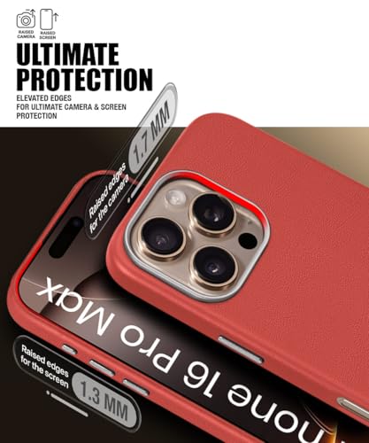 Image of WOW IMAGINE Back Cover for iPhone 16 Pro Max | Shockproof Tough Leather Texture Hard Mobile Case | Ultra Slim Non-Slip Grip | Inner Velvet Fabric | Metal Camera Ring - Crimson Red