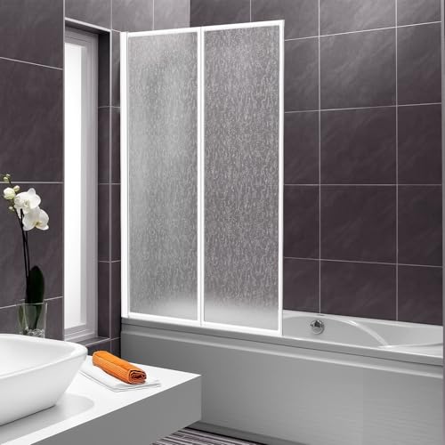 Vkechh Duschwand für Badewanne 100×140 cm, 2-teilig Faltbar aus Bruchsicherem PS-Kunststoff, Duschwand mit Weißem Aluminiumrahmen, Badewannenaufsatz mit Tropfenstruktur als Spritzschutz