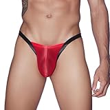 Lejafay Men's Silky Sheath Bulge Pouch Thong Sexy T-Back G-String Underwear Low Waist Underpants Red One Size