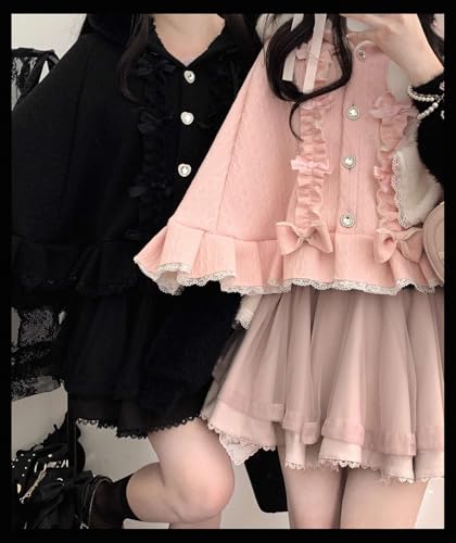 Cuteighteen Manteau à capuche Kawaii Lolita pour adolescents avec doublure en polaire - Cape d'hiver avec bordure en dentelle - Veste d'hiver - Poncho en tricot, rose clair, One Size – vue 4