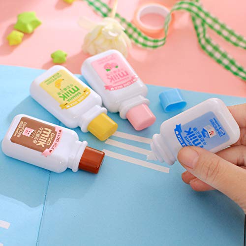 Brccee AC Korrekturband für Milchflaschen, Kawaii-Cartoon-Schreibwaren, niedlich, Studenten, Schule, Bürobedarf (Braun, Blau, Gelb, Rosa, zufällige Farbe), 4 Stück