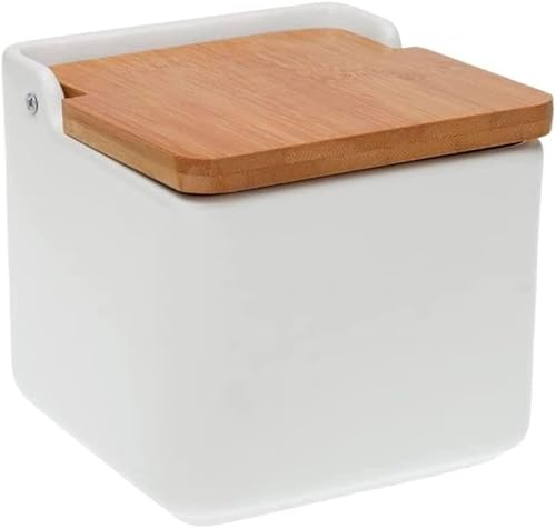 Salero para Cocina Cerámica Blanco/ Salero Para Sal Cuadrado con Tapadera de Madera Abatible/ Cuenco para La Sal y Sal Gorda/ Tarro Para La Sal Hecho de Cerámica + Madera 750ML Cover