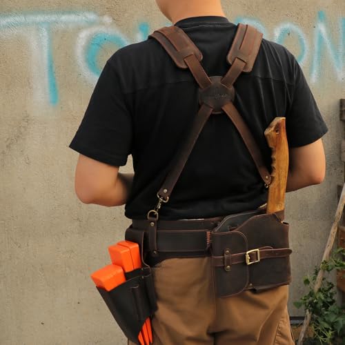 TOURBON Genuine Leather Tool Belt with Brace Heavy Duty Work Suspenders for Electrician Carpenter Construction - Image 7
