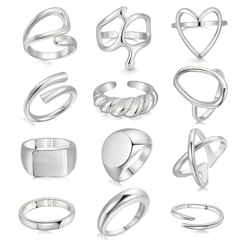 FAXHION 12PCS Gold Stackable Rings Set for Women, 18K Gold Plated Open Stacking Knuckle Ring, Adjustable Chunky Signet Band Statement Ring for Gift