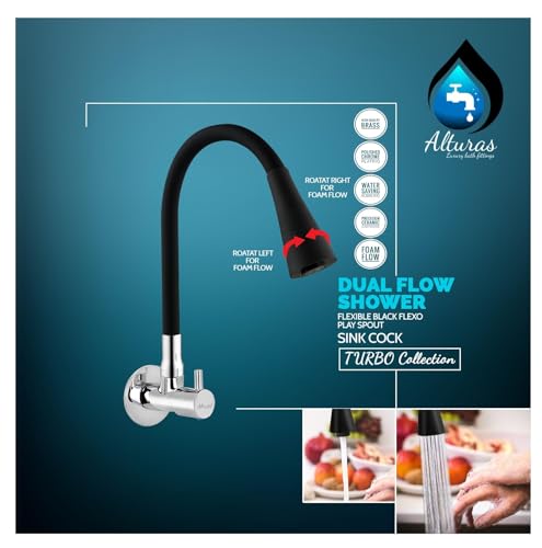Image of ALTURAS Dual Flow Black Kitchen Sink Cock with 360 Degree Swivel Spout | Kitchen Sink Tap | Kitchen Faucet | Tap for Kitchen (Turbo)
