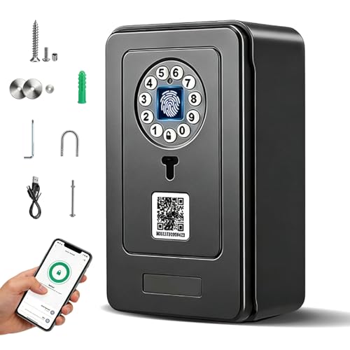 Image of Agrdeed Smart Lock Box Key Safe, Fingerprint Key Box, APP Control & PIN Code, Bluetooth and Passcode Unlock WallMounted&Door Hanging Security Lock Box, Key Cabinet with Mounting Kit for Home, Garage