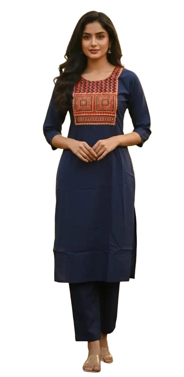 Women Navy Blue Straight Kurti Set with Embroidered Yoke, 3/4 Sleeves