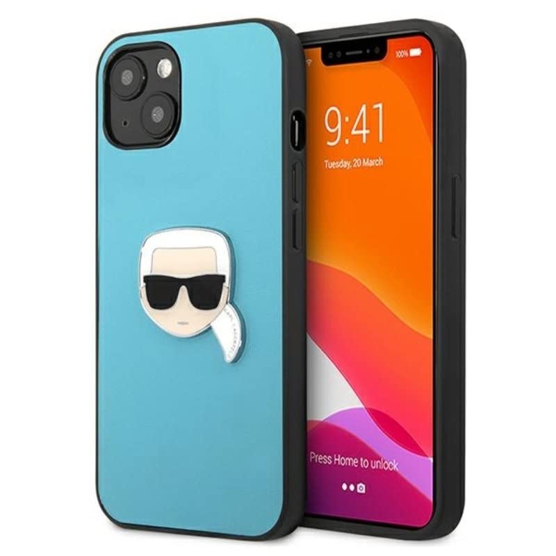 Karl Lagerfeld KLHCP13SPKMB Étui de Protection en Cuir pour iPhone 13 Mini 5,4" Motif Ikonik Karl's Head Metal Bleu