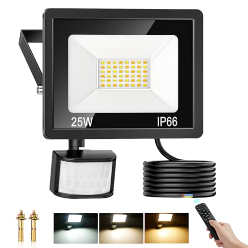 25W LED Strahler mit Bewegungsmelder Außen, 2700LM Dimmbar Außenstrahler Aussen mit Fernbedienung, IP66 Wasserdicht Scheinwerfer Warmweiß Neutralwei Kaltweiß LED Fluter für Garten Hof Garage
