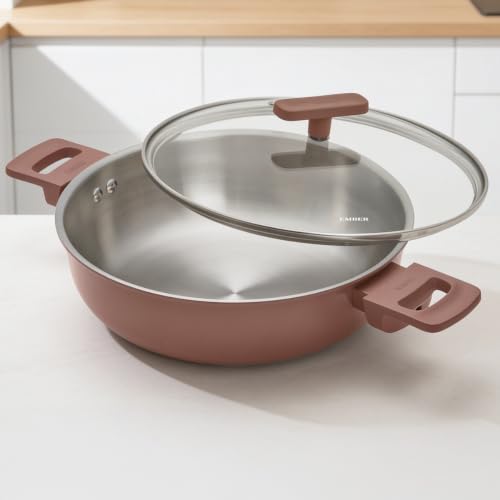 Image of Ember Cookware 5-Ply Stainless Steel Kadai with Glass Lid | 24cm 2.6L | Induction & Gas Compatible | 100% PTFE & PFOA Free | Scratch-Resistant Ceramic Exterior | Terracotta