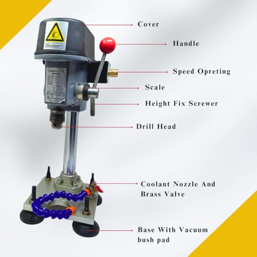 Image of Excel Impex Bench Drill Machine with Adjustable Height, 3 Level Speed controlling, Red Control Handle, Precision Drilling Machine for Glass Workshop