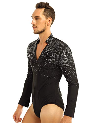 YiZYiF Men's Sequins V Neck Dance Shirts Unitard Ballroom Modern Latin Long Sleeve Dancewear - Image 3