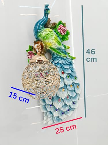 Image of swanart Decorative Plumora Peacock Wall Light with Crystal Lamp - 46 cm Artistic LED Wall Mount Light, Vibrant Colors & Gold Accents for Bedroom, Living Room, and Hallways - 3D Handcrafted Design