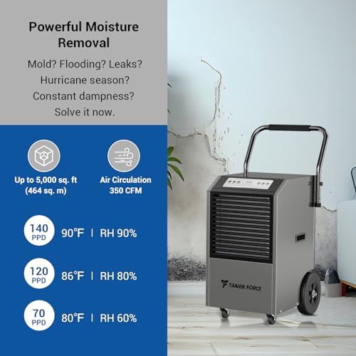Traver Force Commercial Dehumidifier, 140 Pint Large Dehumidifier with Pump Drain Hose, Up to 5,000 sq. ft, for Crawl Space, Basement, Warehouse, Water Damage Restoration, Job Sites
