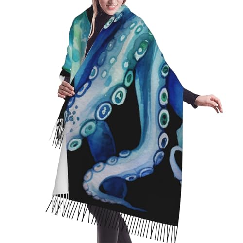 UNIOND Blue Watercolor Octopus Print Scarf For Women Fringed Shawl Cozy Warm Soft Fashion Long Scarves For Winter Autumn Gift, Black