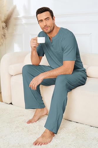 Image of JiniGolla Mens Pajamas Set Soft Short Sleeve Top and Pant Loungewear Sets 2 Piece Pjs with Pockets