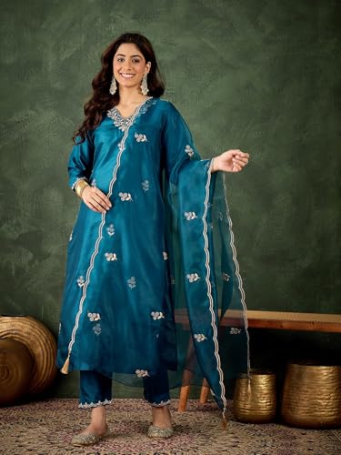 Image of VredeVogel Women's Ethnic Wear Embroidered Silk Blend Kurta Pant Set with Organza Dupatta | Festive & Casual Summer Kurti with Pants for Party Office & Ethnic Occasions
