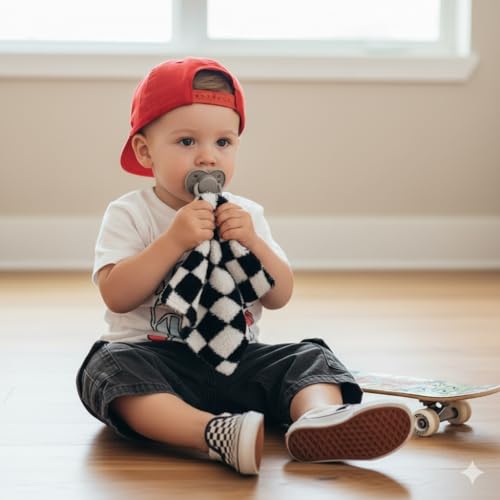 Image of L+L USA Checkered Baby Lovey Pacifier /Teether Holder 10 inchx10 inch - DreamSoft Plush Fluffy Cuddly Soothie Reversible Mini Comfort Blanket - Cute Newborn Gift Essential Babies Boys Girls (Black /White)