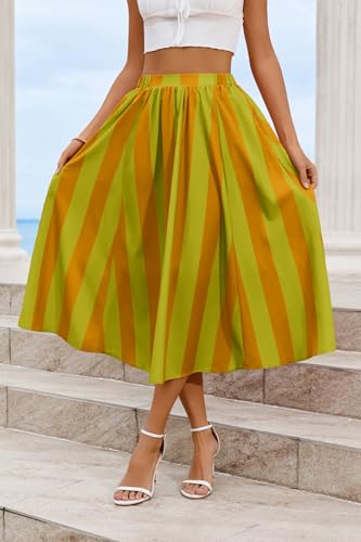 Image of Cicy Bell Womens Summer Striped Maxi Skirts A-Line Beach Vacation Outfits | Elastic Waist, Side Pockets, Flowy, Midi Length, Color Contrast, Trendy Casual