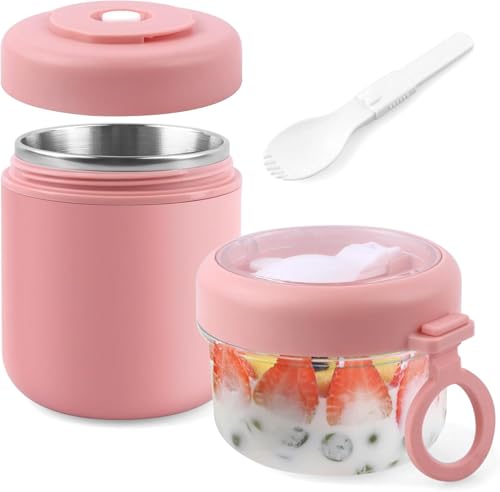 Veftsvy Taza grande de cereales de acero inoxidable para llevar, taza de yogur para llevar con cuchara, 530 ml+330 ml, taza de cereales portátil a prueba de fugas, adecuada para desayuno, trabajo