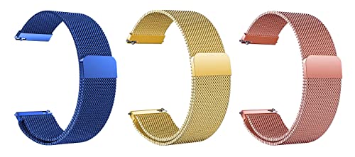 Image of ACM Pack of 3 Watch Strap Magnetic Loop 20mm compatible with Compaq Q Watch Smartwatch Metal Chain Band (Blue /Champagne Gold /Rose Gold Pink)