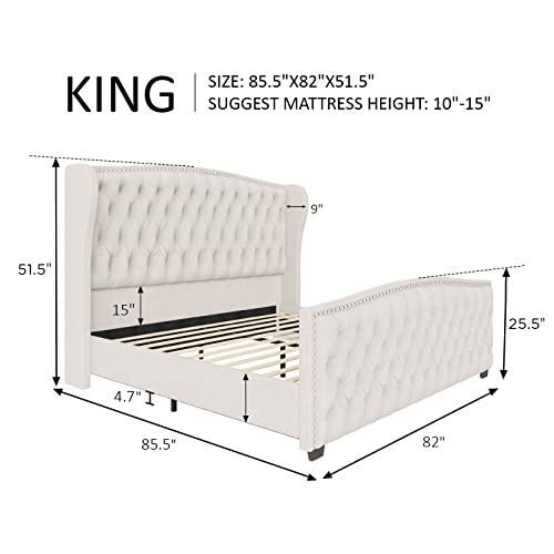 Amerlifekingsizeplatformbedframevelvetupholsteredbedwithdeepbuttontuftednailheadtrimwingbackheadboardnoboxspringrequiredcream Urban Country Home Decor Amerlife king size platform bed frame velvet upholstered bed with deep button tufted nailhead trim wingback headboardno box spring requiredcream urban country home decor