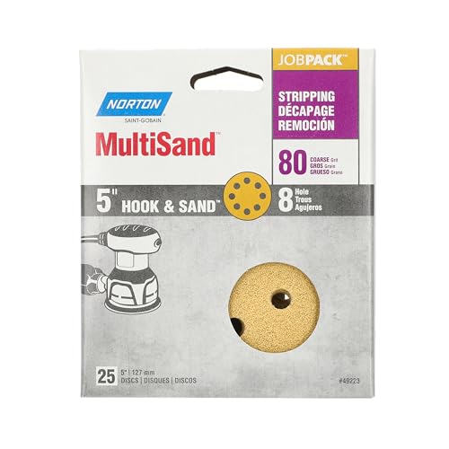 Norton 49223 Hook & Sand 80 Grit Coarse, Hook & Loop Random Orbital Discs, 5