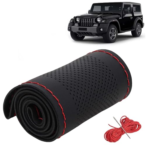 Image of KINGSWAY PU Leatherite Car Steering Cover Sewable Compatible with Mahindra Thar (Year 2020 Onwards), Black Color with Red Thread, Pack of 1 with Sewing Needle and Thread