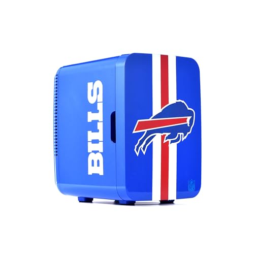 Image of Ukonic NFL Buffalo Bills 15-Can Mini Fridge 10L – AC/DC Powered, Official Team Colors & Logo, Portable Cooler for Tailgates, Home, Office, or Car
