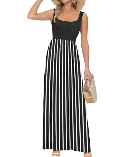 AUSELILY Women's Summer Maxi Dress Square Neck Sleeveless Floral Loose Long Hawaiian Beach Vacation Dresses with Pockets Black White Stripes L - image 1