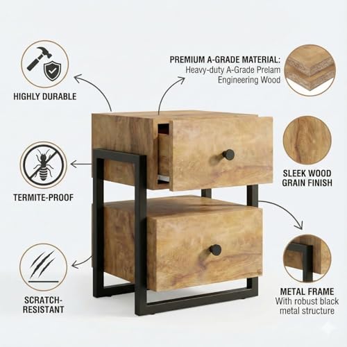 Image of FFO Side Tables for Bedroom with Drawers | Bedside Table | Bed Side Table for Bedroom with Drawer, Wooden Drawer with Open Shelf, Modern Side Table for Bed Room, White & Brown Finish (DIY).