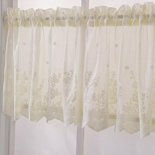 Image of piercing Curtains for Kitchen, Lace Curtains, Kitchen Window Curtains, Sheer Curtains, Kitchen Curtains 29 inchx39 inch Tier 1-Panel Rod Pocket Floral Scalloped Cafe Light Filter White (Lace)