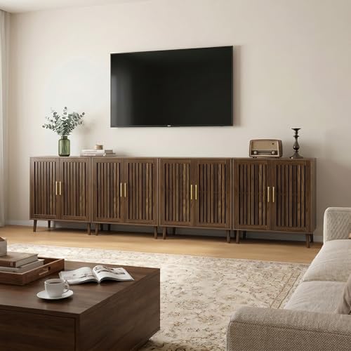 Image of Smart FENDEE Sideboard Cabinet, 31.5 inch W Farmhouse Buffet Cabinet with Slatted Doors & Adjustable Shelf, Wood Coffee Bar Storage Station for Kitchen, Dining Room, Living Room, Entryway, Walnut Color