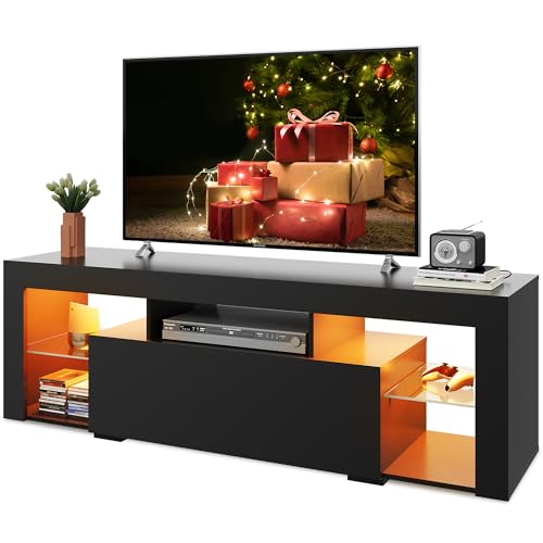WLIVE TV Schrank mit LED, Lowboard Schwarz für Fernseher bis zu 60 Zoll, Fernsehtisch für Wohnzimmer,20 Farben LED-Beleuchtung, tv Cabinet mit Offenen Stauraum und Schubladen, Schwarz