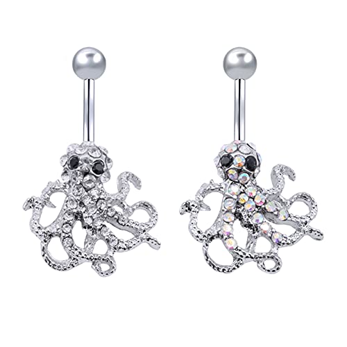 Flechazo 14 Gauge 10MM Poulpe Piercing Nombril Anneaux Acier Chirurgical Piercing Ventre Barres avec Pendentif Pieuvre Pavée Cristal Cover