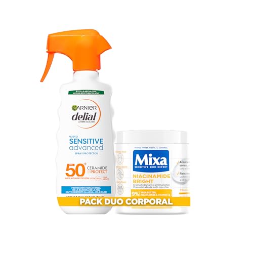 Delial Leche Solar para Pieles Claras, Sensibles e Intolerantes al Sol SPF 50+ + Mixa Crema Corporal Niacinamida – Defensa UV y Reducción de Manchas