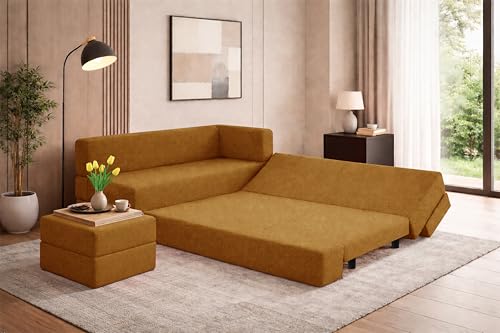 Image of Leg Sofa Cum Bed with Ottoman | Jute Fabric | Multipurpose Folding 3 Seater Sofa Bed 5x6 Ft for Living Room | Space Saving Furniture | Modern Design - Golden