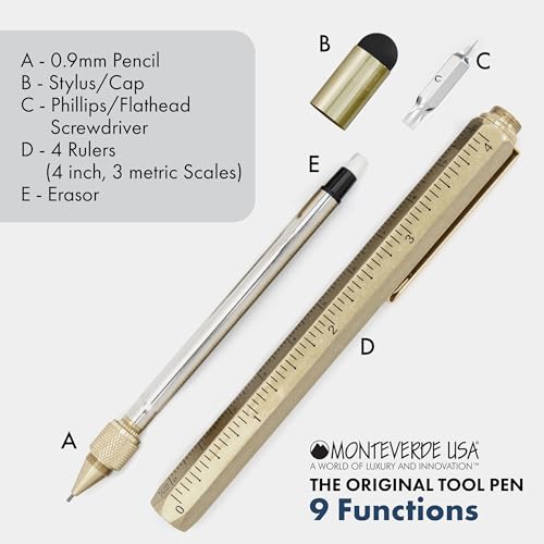 Monteverde USA 9-in-1 Tool Mechanical Pencil in Brass – Hand-Machined Multifunctional Pencil with Stylus, Screwdrivers, Ruler, and Eraser – Exclusive Collection Ideal Gift for Engineers by Monteverde - Image 3